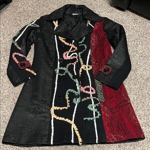 Parsley and Sage wool Embroidered Long brocade pattern Coat with accents